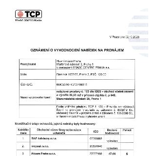 Oznámení o vyhodnocení nabídek na pronájem ze dne 02.10.2026, vydané Trade Centre Praha a.s. pro Hlavní město Praha. Předmět výběrového řízení: nebytové prosto…