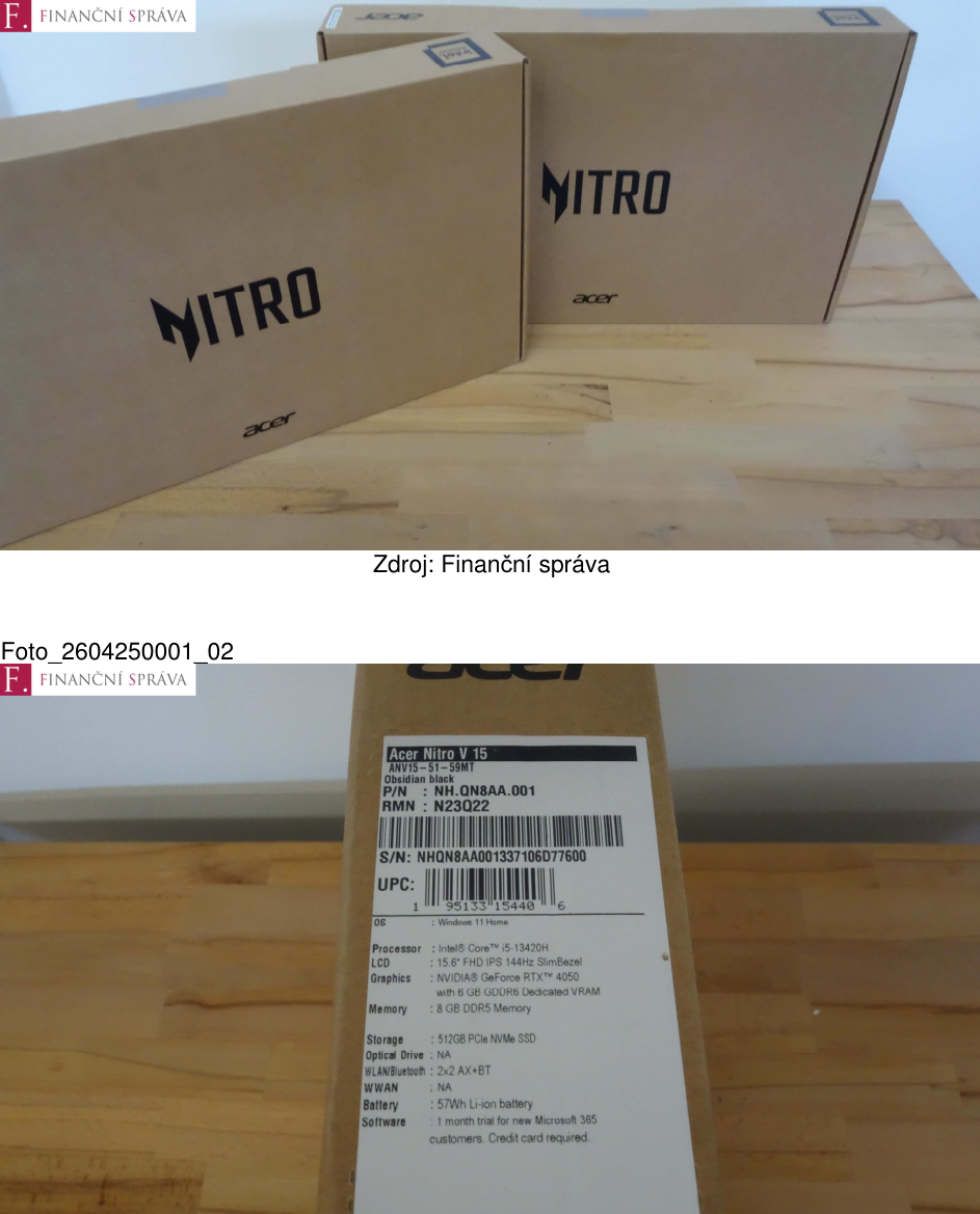 Fotografie balení notebooku Acer Nitro V 15. Specifikace na štítku: Model ANV15-51-59MT, barva Obsidian black, P/N: NH.QN8AA.001, RMN: N23Q22, S/N: NHQN8AA001337106D77600. Hardware: procesor Intel Core i5-13420H, 15.6" FHD IPS 144Hz SlimBezel displej, grafika NVIDIA GeForce RTX 4050 6GB GDDR6, 8 GB DDR5 RAM, 512GB PCIe NVMe SSD. Ostatní: Windows 11 Home, 2x2 AX+BT, 57Wh Li-ion baterie, 1 měsíc zkušební verze Microsoft 365.