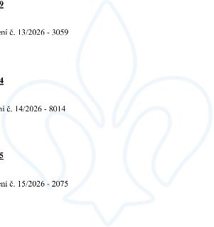 Textová oznámení z úřední desky: 'ení č. 13/2026 - 3059', 'ní č. 14/2026 - 8014', 'ení č. 15/2026 - 2075'. V pozadí je dekorativní heraldický symbol (liliová k…