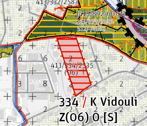 Výřez z územního plánu nebo katastrální mapy s vyznačenou plochou (červeně šrafovaný polygon). Obsahuje číselné kódy parcel a zón: 413/332/2587, 415/892/6001, 123/892/3026, 512/-/4182, 413/334/2535 (06). V dolní části je text: '334 / K Vidouli Z(06) O [S]'. Mapa obsahuje rastr a číselné označení zón (2, 3, 6, 8).