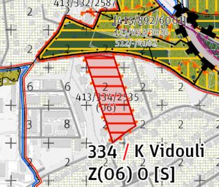 Výřez z územního plánu nebo katastrální mapy s vyznačenou plochou (červeně šrafovaný polygon). Obsahuje číselné kódy parcel a zón: 413/332/2587, 415/892/6001,…