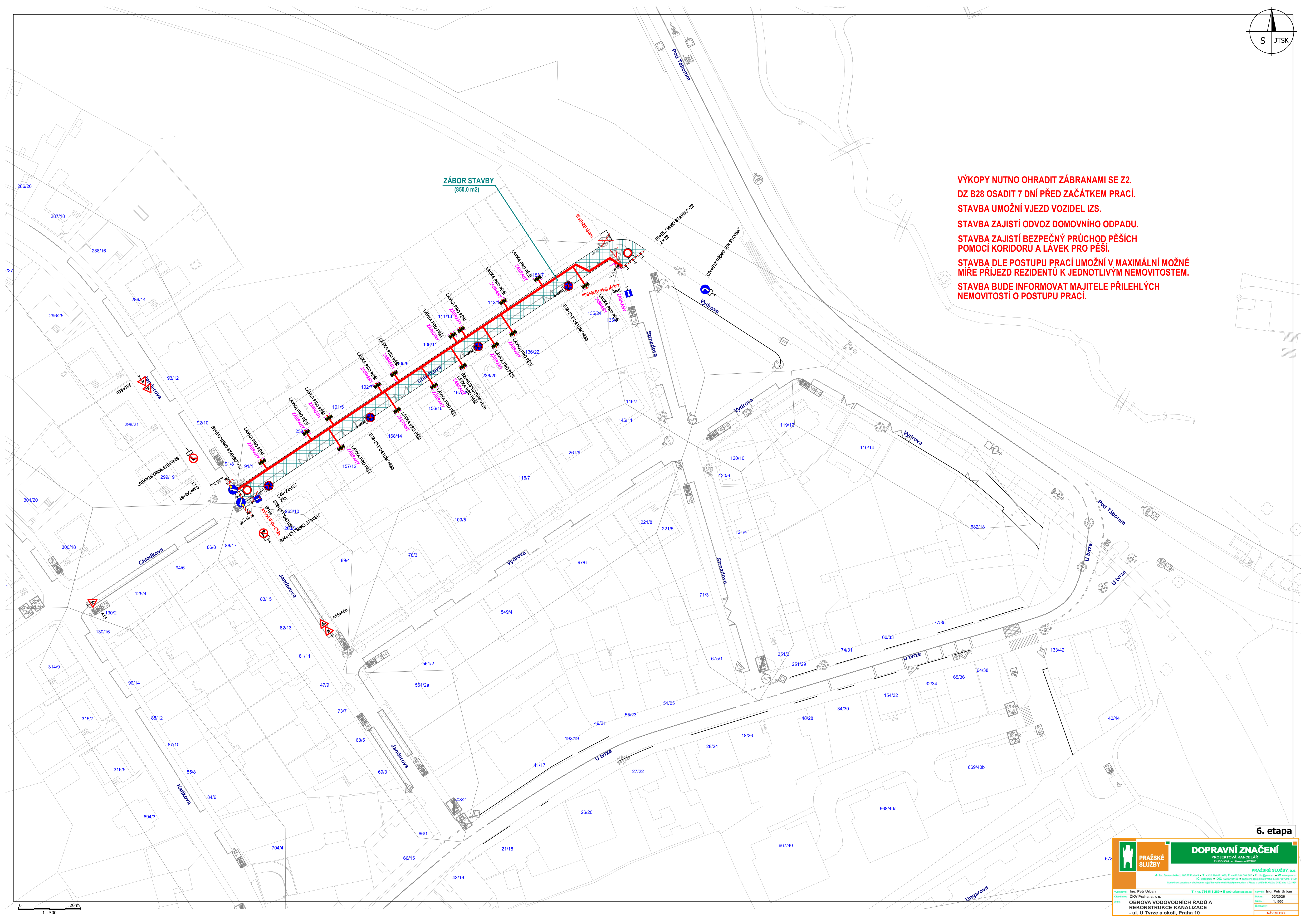 Dopravně-inženýrské schéma (plán) stavby pro 6. etapu rekonstrukce kanalizace a vodovodního řadu v ulici U Tvrze a okolí.