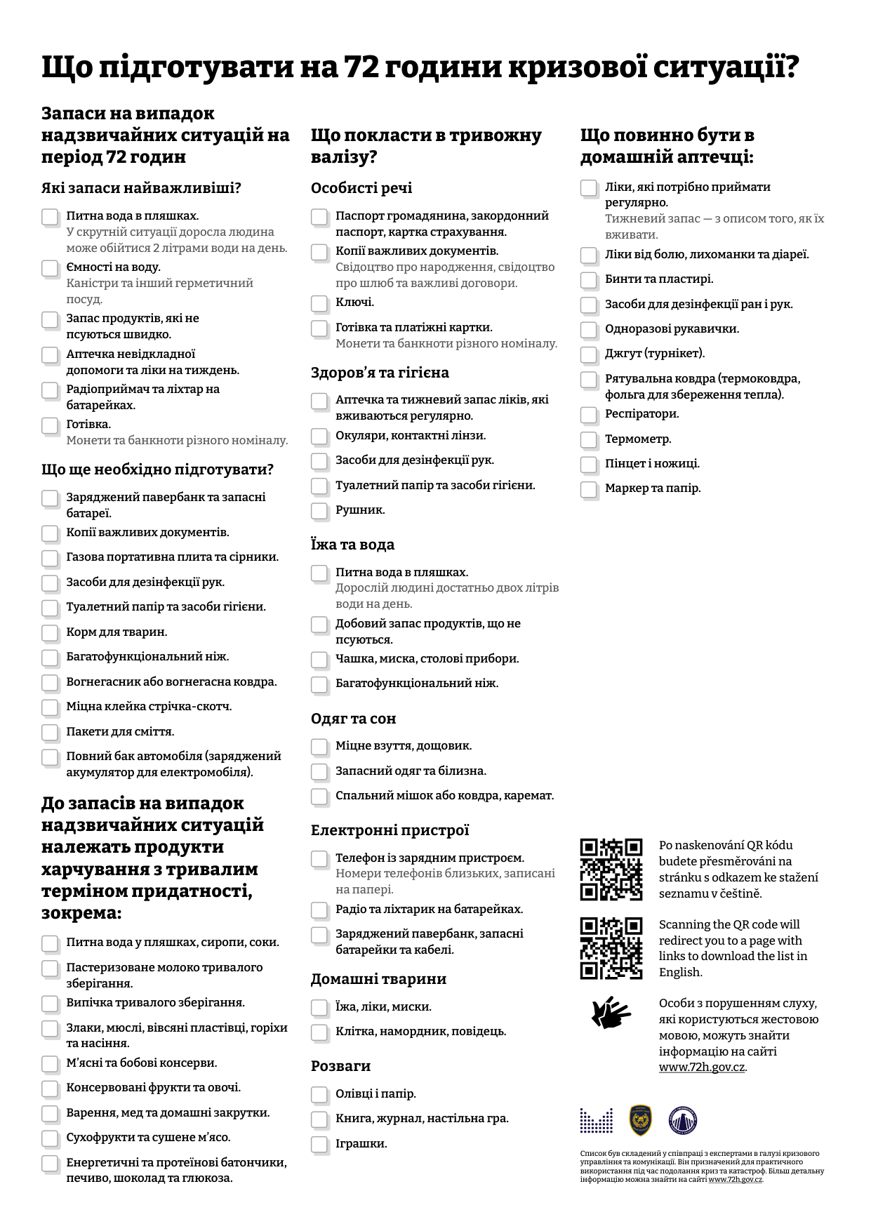 Informační leták 'Co připravit na 72 hodin krizové situace?'. Obsahuje seznamy: 1. Zásoby na 72 hodin (voda, potraviny, lékárnička, rádio, hotovost). 2. Co dát do evakuačního zavazadla (osobní doklady, zdraví a hygiena, jídlo a voda, oblečení, elektronika, potřeby pro zvířata, zábava). 3. Obsah domácí lékárničky (léky, obvazový materiál, dezinfekce, teploměr, nástroje). 4. Doporučené trvanlivé potraviny (konzervy, sušené plody, energetické tyčinky). Obsahuje také QR kódy pro informace v češtině a angličtině a odkaz na www.72h.gov.cz.