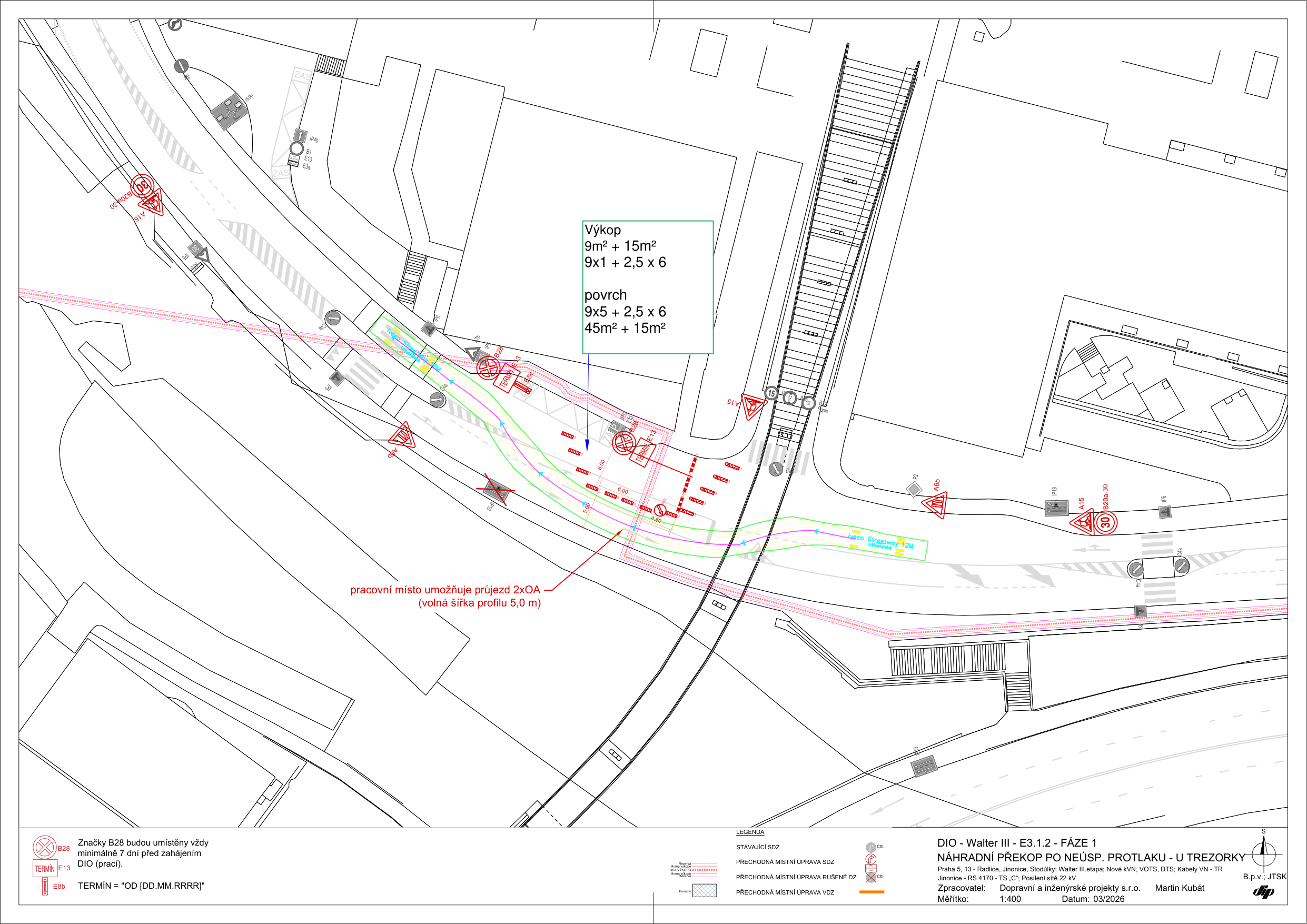Projektová dokumentace DIO (Dopravně inženýrské opatření) - Walter III - E3.1.2 - FÁZE 1: NÁHRADNÍ PŘEKOP PO NEÚSP. PROTLAKU - U TREZORKY. Lokalita: Praha 5, 13 - Radlice, Jinonice, Stodůlky; Walter III. etapa. Nové kVN, VOTS, DTS; Kabely VN - TR Jinonice - RS 4170 - TS „C“; Posílení sítě 22 kV. Zpracovatel: Dopravní a inženýrské projekty s.r.o., Martin Kubát. Datum: 03/2026. Měřítko: 1:400. Obsah: Situační nákres dopravního omezení, výpočet ploch výkopu (9m² + 15m² = 9x1 + 2,5 x 6) a povrchu (9x5 + 2,5 x 6 = 45m² + 15m²). Poznámka: Pracovní místo umožňuje průjezd 2xOA (volná šířka profilu 5,0 m). Legenda: Značky B28 budou umístěny vždy minimálně 7 dní před zahájením DIO (prací). TERMÍN = *OD [DD.MM.RRRR]*.