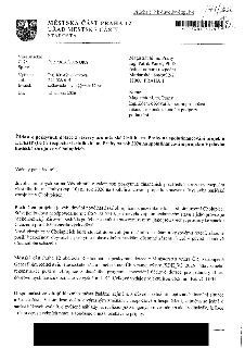 Žádost o poskytnutí dotace z rezervy hl. m. Prahy na projekt 'Výstavba hasičské zbrojnice v Cholupicích'. Odesílatel: Městská část Praha 12, starosta. Adresát:…