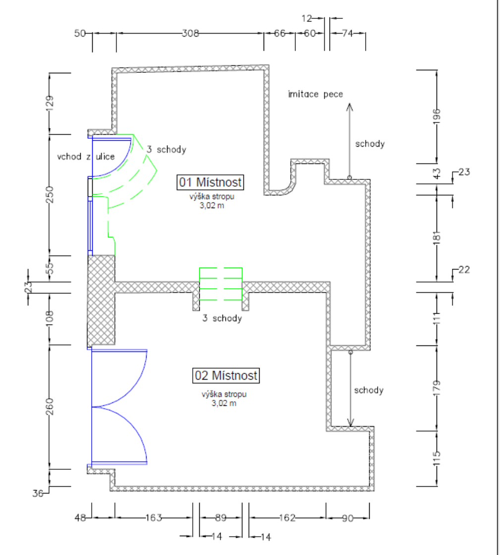 Půdorysný plán interiéru se dvěma místnostmi, schodišti a kótami.