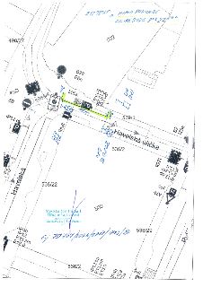 Situační nákres dopravního značení v ulici Havelská (Praha 1), parcely č. 499/27, 502, 539/1, 536/2, 500, 536/29 aj. Ručně psané poznámky: 'E17 TEXT: MIMO KONC…