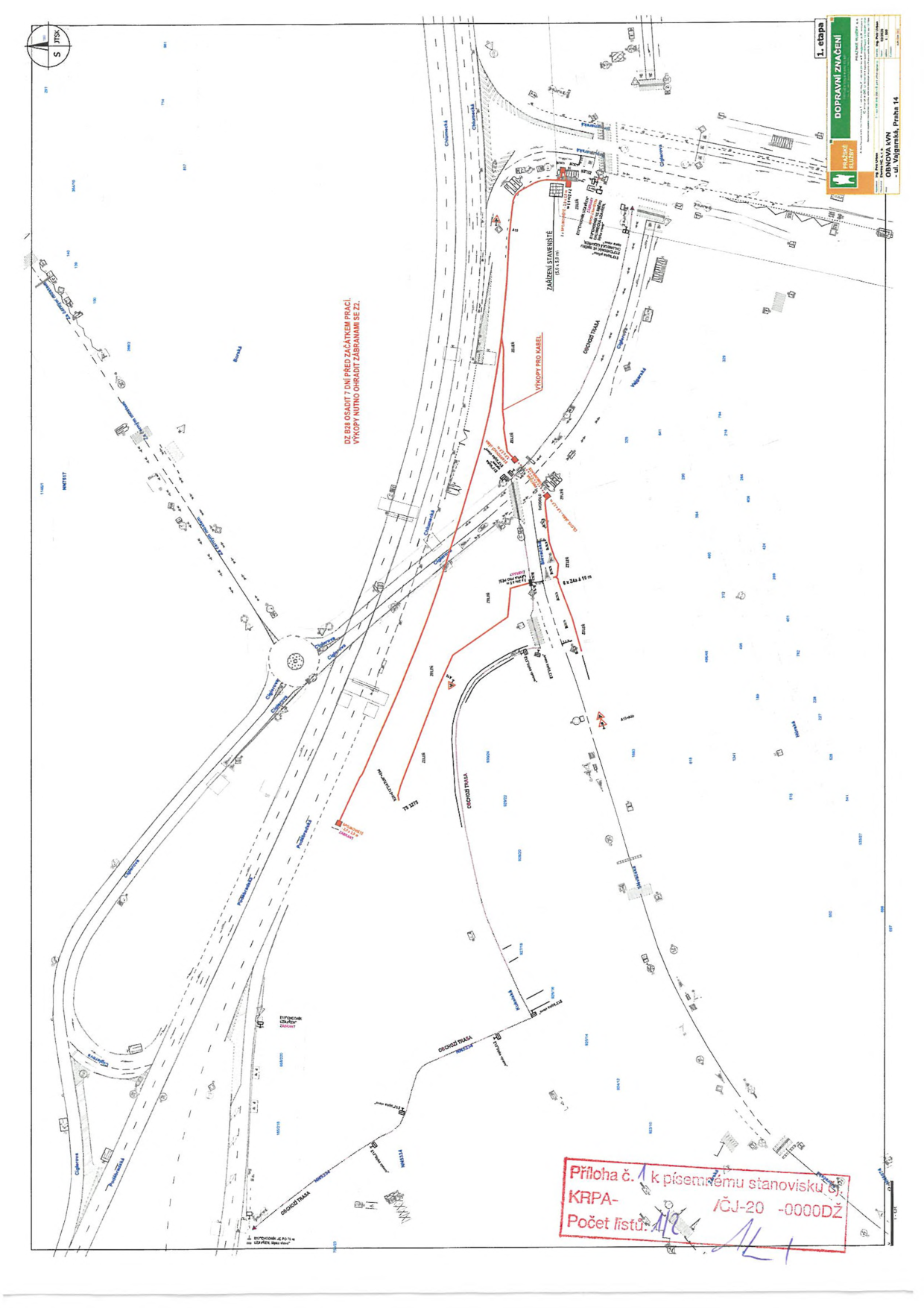 Koordinační situační výkres dopravního značení pro stavbu na ulici Vejprnická v Praze 14.