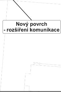 Situační nákres nebo výkres stavby s popiskem: 'Nový povrch - rozšíření komunikace'