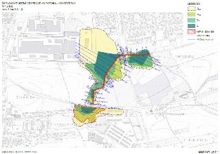 ZÁPLAVOVÉ ÚZEMÍ VESTECKÉHO POTOKA - OD REZERVY, M 1:5 000, úsek ř. km 0,0-1,0. LEGENDA: Q500 (světle žlutá), Q100 (světle zelená), Q20 (zelená), Q5 (tmavě zele…
