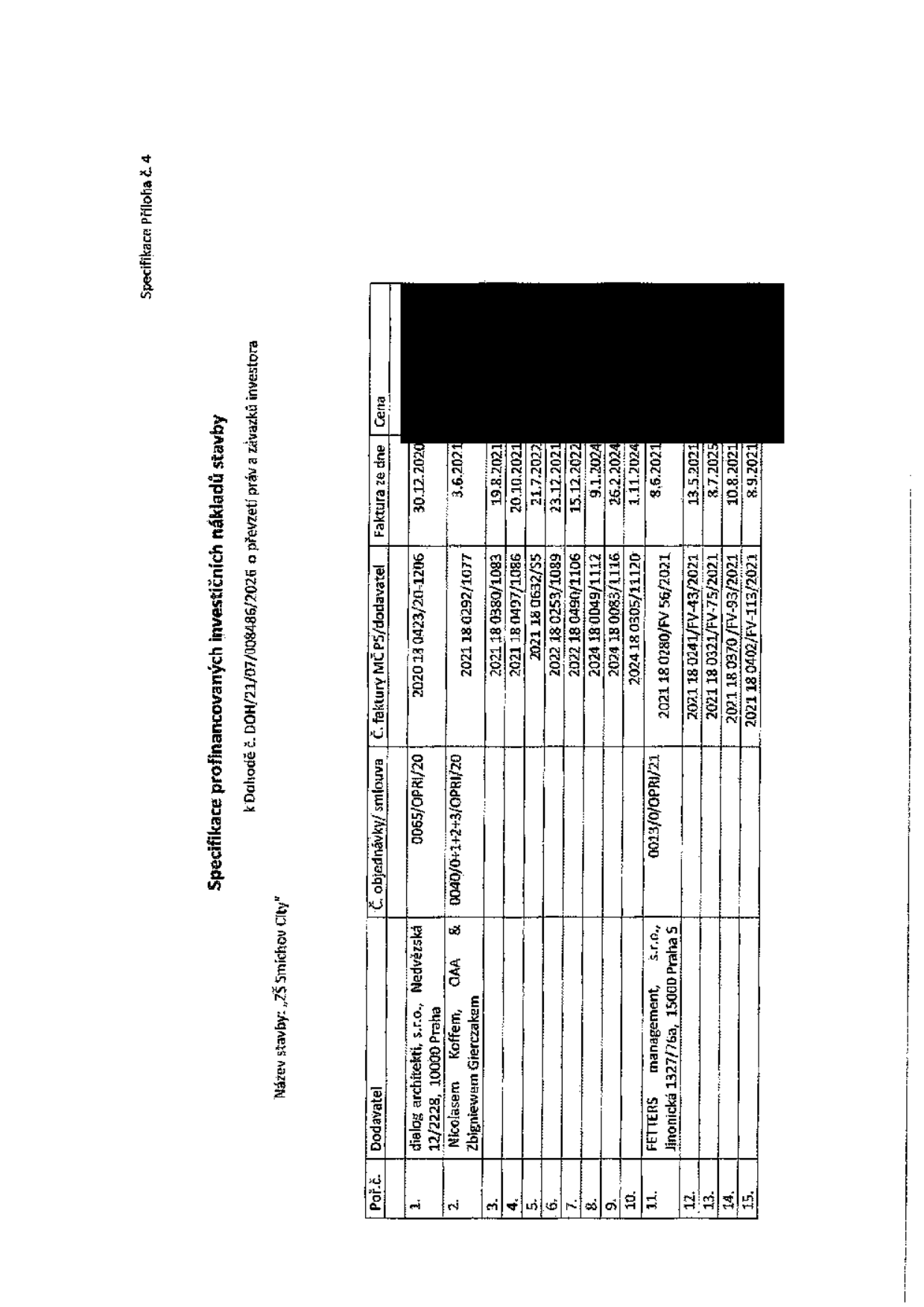 Specifikace profinancovaných investičních nákladů stavby k Dohodě č. DOH/21/07/008486/2026 o převzetí práv a závazků investora. Název stavby: „ZŠ Smíchov City“. Tabulka obsahuje tyto sloupce: Poř.č., Dodavatel, Č. objednávky/smlouva, Č. faktury MČ P5/dodavatel, Faktura ze dne, Cena. Data v tabulce: 1. dialog architekti, s.r.o., 0065/OPRI/20, 2020 18 0423/201-1206, 30.12.2020. 2. Nicolaus Kofem OAA & Zbigniewem Gierczakem, 0040/0+1+2+3/OPRI/20, 2021 18 0292/1077, 3.6.2021. 3. 2021 18 0380/1083, 19.8.2021. 4. 2021 18 0497/1086, 20.10.2021. 5. 2021 18 0632/55, 21.7.2022. 6. 2022 18 0253/1089, 23.12.2021. 7. 2022 18 0490/1106, 15.12.2022. 8. 2024 18 0049/1112, 9.1.2024. 9. 2024 18 0083/1116, 25.2.2024. 10. 2024 18 0305/11120, 1.11.2024. 11. FETTERS management, s.r.o., Jinonická 1327/76a, 15000 Praha 5, 0013/0/OPRI/21, 2021 18 0280/FV 56/2021, 8.6.2021. 12. 2021 18 0241/FV-43/2021, 13.5.2021. 13. 2021 18 0321/FV-75/2021, 8.7.2025. 14. 2021 18 0370/FV-93/2021, 10.8.2021. 15. 2021 18 0402/FV-113/2021, 8.9.2021.