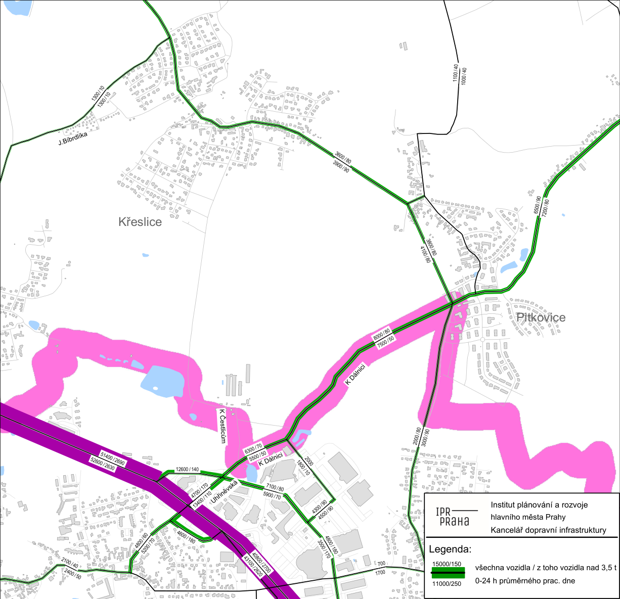 Mapa intenzity dopravy v oblasti Křeslice a Pitkovice, vydaná Institutem plánování a rozvoje hlavního města Prahy (Kancelář dopravní infrastruktury). Mapa zobrazuje průměrné denní intenzity dopravy (0-24 h) na jednotlivých úsecích silnic. Hodnoty jsou uvedeny ve formátu 'všechna vozidla / z toho vozidla nad 3,5 t'. Zobrazené lokality: Křeslice, Pitkovice, ulice K Dálnici, K Čestlicům, Uhříněvská, J. Bíbrdlíka. Číselné údaje o intenzitě dopravy na úsecích: 1300/10, 3600/80, 3900/90, 1100/40, 1000/40, 6500/90, 7200/80, 3800/80, 4100/80, 8000/80, 7500/50, 2000/80, 3000/90, 51400/2690, 52600/2630, 12600/140, 4700/170, 13400/110, 6300/70, 5500/50, 1800/10, 7100/80, 5900/70, 4300/90, 4500/90, 4800/180, 3500/170, 40800/2700, 43100/2620, 4800/60, 5200/70, 4600/180, 2100/40, 2400/50, 700/1700.
