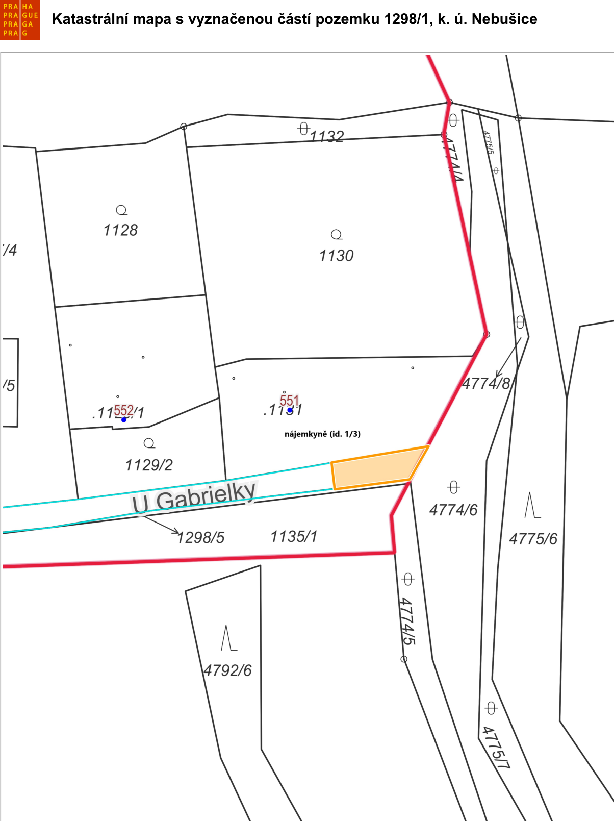 Katastrální mapa s vyznačenou částí pozemku 1298/1, k. ú. Nebušice. Mapa zobrazuje parcely č. 1128, 1130, 1132, 1129/2, 11552/1, 551/1131 (s poznámkou 'nájemkyně (id. 1/3)'), 1298/5, 1135/1, 4774/4, 4774/8, 4774/6, 4774/5, 4775/5, 4775/6, 4775/7 a 4792/6. V mapě je vyznačena ulice 'U Gabrielky' a oranžově zvýrazněna část pozemku.