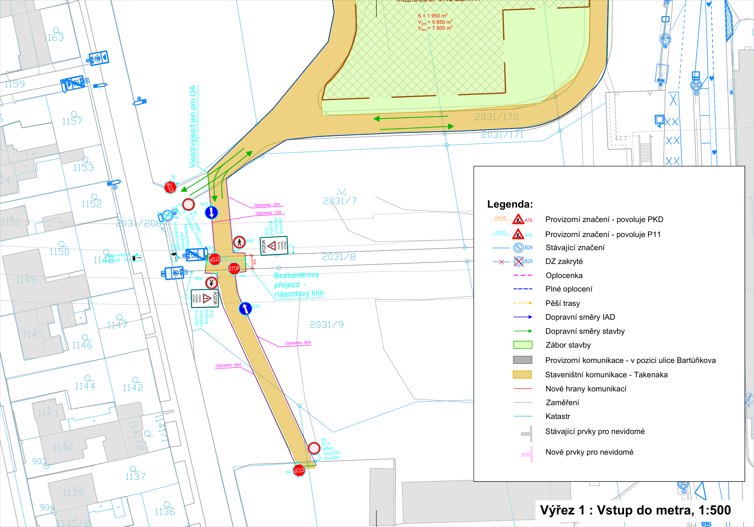 Situační plán stavby (Výřez 1: Vstup do metra, 1:500) znázorňující dopravní značení a organizaci dopravy v okolí ulice Bartůňkova. Obsahuje legendu: Provizorní značení (A15), Stávající značení (B29), DZ zakryté, Oplocenka, Plné oplocení, Pěší trasy, Dopravní směry IAD a stavby, Zábor stavby, Provizorní komunikace v pozici ulice Bartůňkova, Staveništní komunikace, Nové hrany komunikací, Zaměření, Katastr, Stávající a nové prvky pro nevidomé. V mapě jsou vyznačena parcelní čísla (např. 2031/170, 2031/7, 2031/8, 2031/9, 1147, 1146, 1144, 1142, 1141/2, 1140, 1139, 1137, 1136, 1153, 1152, 1150, 1149, 1145, 1159, 163, 903, 904, 1135/2). Uvedeny parametry plochy S = 1 950 m², V3m = 5 850 m³, V4m = 7 800 m³.