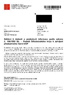Sdělení k žádosti o poskytnutí informace podle zákona č. 106/1999 Sb. – Podnět Středočeského kraje k zahájení přezkumného řízení OOP. Magistrát hlavního města…