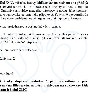 Výňatek z zápisu z jednání Zastupitelstva městské části (ZMČ). Text obsahuje informace o podpoře občanům, komunikaci městské části, právním stanovisku a přípra…