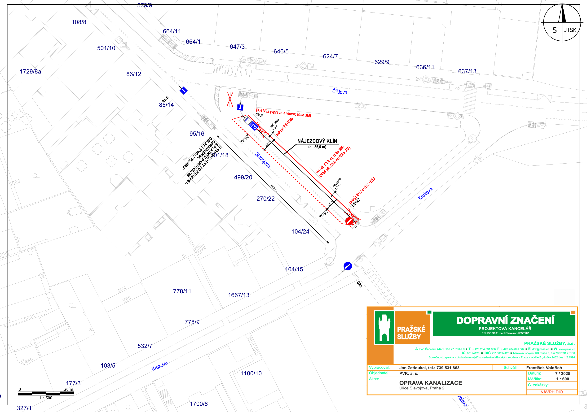 Situační nákres dopravního značení pro opravu kanalizace v ulici Slavojova.