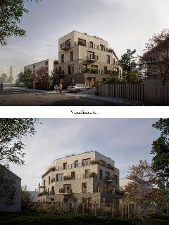 Dvě vizualizace architektonického projektu bytového domu s cihlovou fasádou a terasami. Pod horním obrázkem je text: 'Vizualizace č.1'.