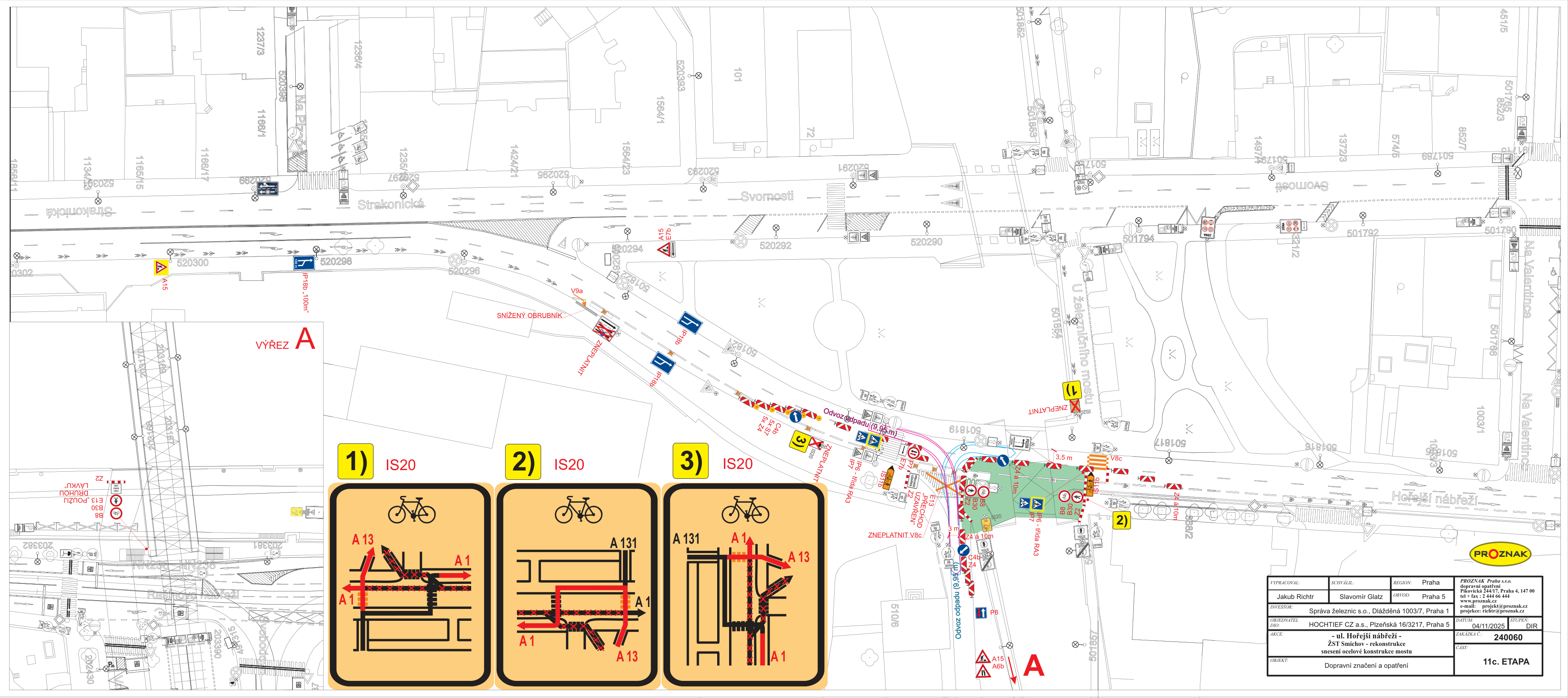 Situační nákres dopravního značení a opatření pro rekonstrukci železniční stanice Praha-Smíchov.
