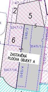 Výřez katastrální mapy zobrazující parcely a zastavěnou plochu. Čitelné údaje: parcely č. 1147/12, 1147/3, 1147/14, 1148/3, 1149/1, 1149/4, 1149/2, 1149/3. V m…