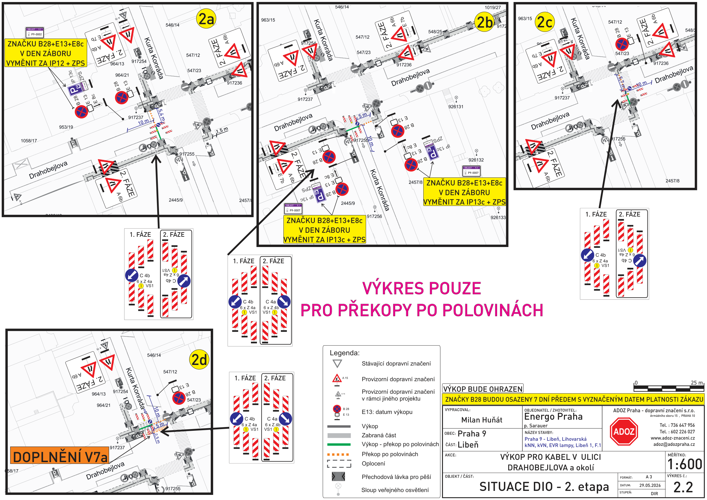 Situační nákres DIO (dopravně inženýrského opatření) pro 2. etapu výkopových prací pro kabel v ulici Drahobejlova a okolí (Praha 9 - Libeň). Dokument obsahuje čtyři dílčí schémata (2a, 2b, 2c, 2d) znázorňující rozmístění dopravního značení a postup prací (překopy po polovinách). Klíčové informace: Značky B28 budou osazeny 7 dní předem s vyznačeným datem platnosti zákazu. Pokyny pro výměnu značek: 'Značku B28+E13+E8c v den záboru vyměnit za IP12 + ZPS' nebo 'IP13c + ZPS'. Legenda obsahuje značky pro výkop, zábranou část, oplocení a přechodovou lávku. Zpracovatel: Milan Huňát, objednatel: Energo Praha, zhotovitel: ADOZ Praha - dopravní značení s.r.o. (tel: 736 647 956, 602 226 027). Datum: 29.05.2026, měřítko 1:600.