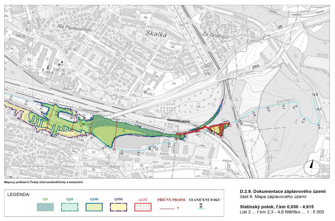 Mapa záplavového území Slatinaského potoka v Praze s vyznačenými průtoky Q5, Q20, Q100 a Q500.