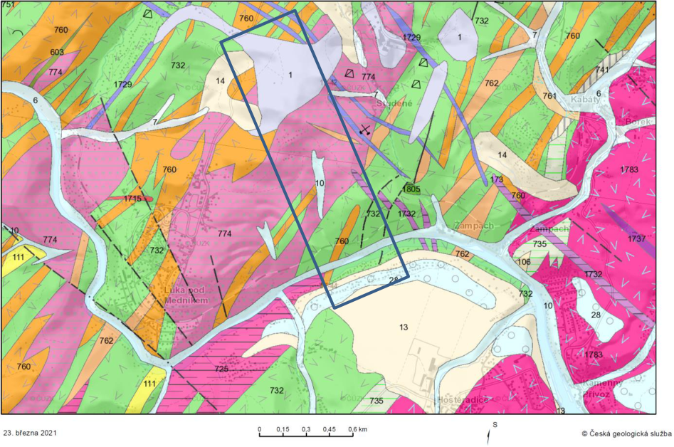 Geologická mapa území v okolí obcí Luka pod Medníkem, Studené, Žampach a Hostěradice. Mapa obsahuje číselné označení geologických jednotek (např. 1, 6, 10, 13, 14, 28, 106, 111, 173, 725, 732, 735, 751, 760, 761, 762, 774, 783, 805, 1715, 1729, 1732, 1737, 1783). V mapě je modrým obdélníkem vyznačena zájmová oblast. Uvedeno datum 23. března 2021 a zdroj © Česká geologická služba.