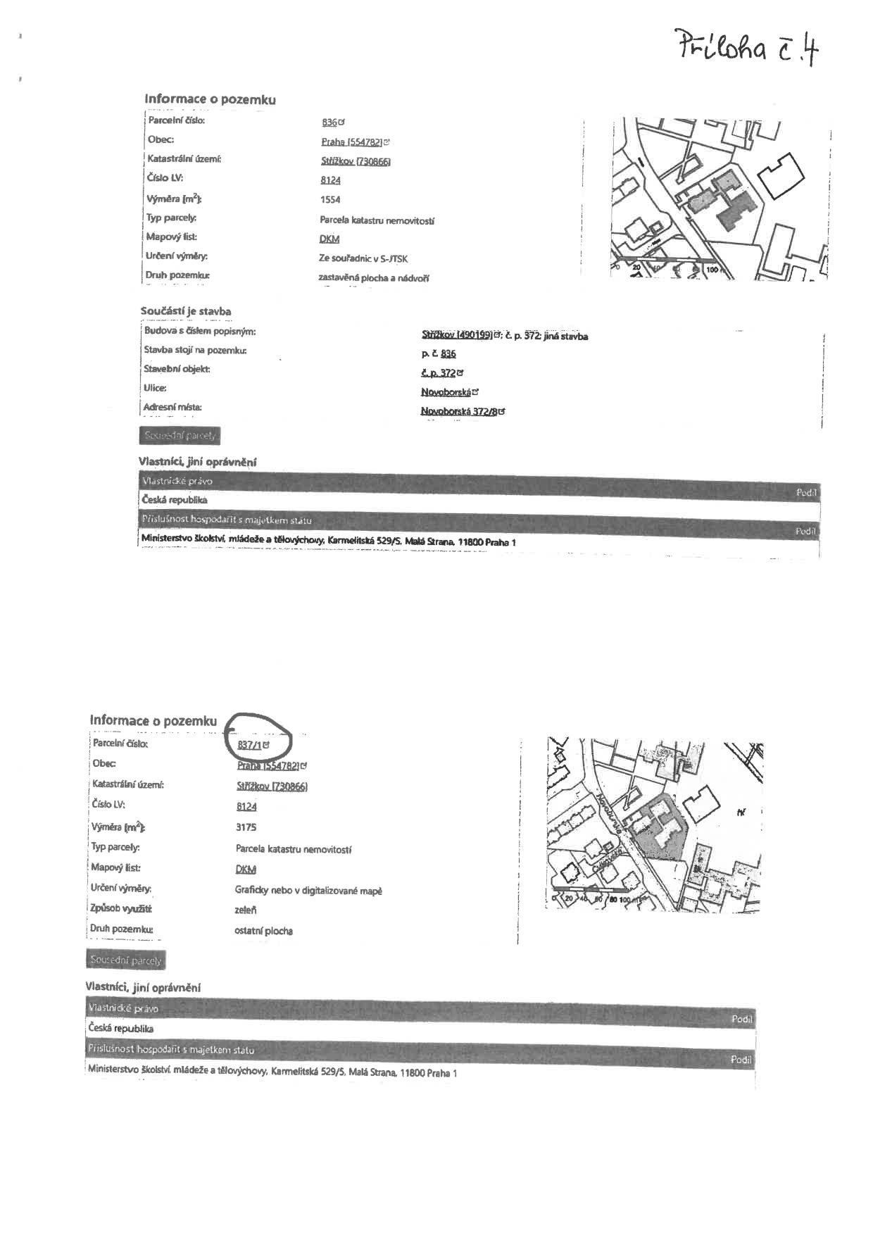 Dokument obsahuje informace o dvou pozemcích v katastrálním území Střížkov (730866), Praha (554782), LV 8124. 1. Pozemek: parcelní číslo 836, výměra 1554 m2, typ parcely: parcela katastru nemovitostí, druh pozemku: zastavěná plocha a nádvoří. Součástí je stavba č.p. 372 (jiná stavba) na parcele č. 836, adresa: Novoborská 372/8. Vlastník: Česká republika, příslušnost hospodařit: Ministerstvo školství, mládeže a tělovýchovy, Karmelitská 529/5, Malá Strana, 11800 Praha 1. 2. Pozemek: parcelní číslo 837/1, výměra 3175 m2, typ parcely: parcela katastru nemovitostí, způsob využití: zeleň, druh pozemku: ostatní plocha. Vlastník: Česká republika, příslušnost hospodařit: Ministerstvo školství, mládeže a tělovýchovy, Karmelitská 529/5, Malá Strana, 11800 Praha 1.