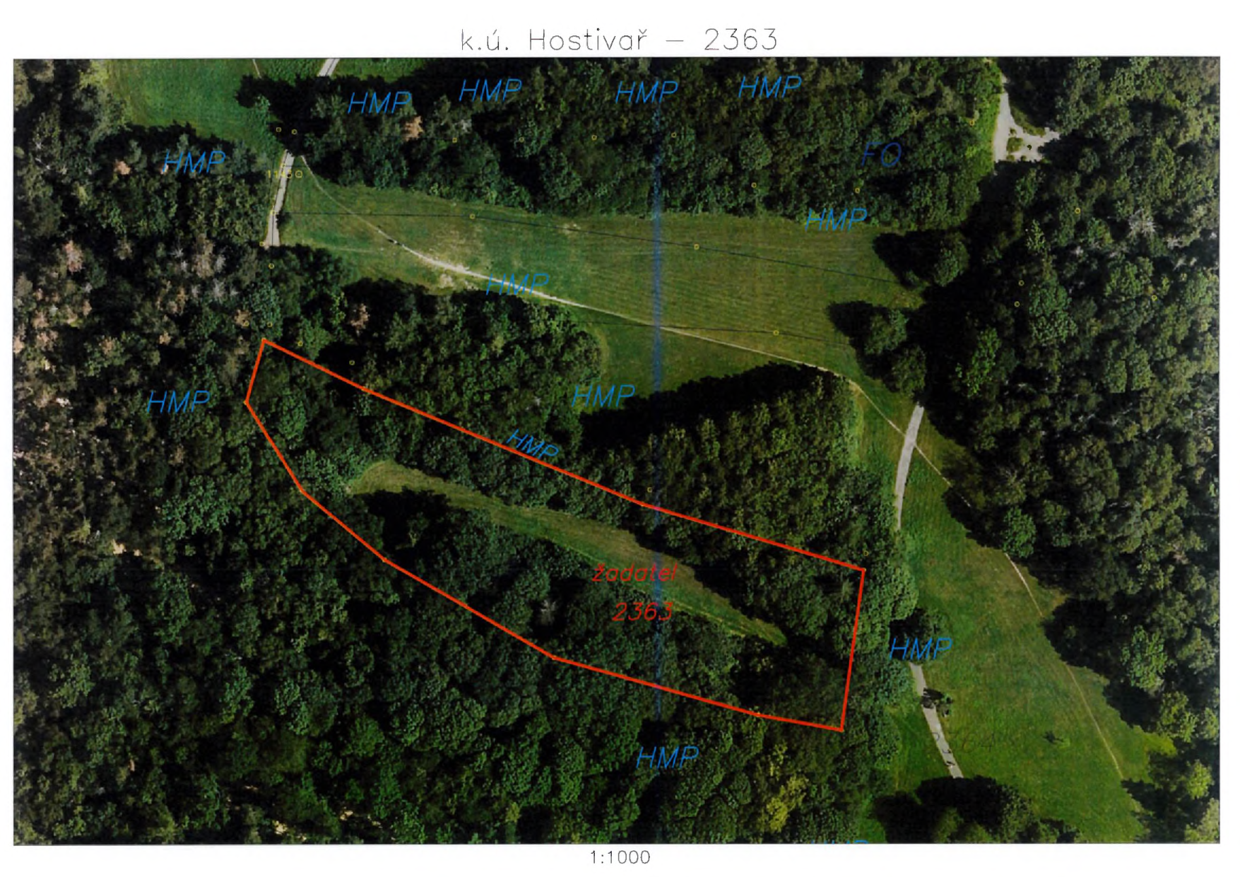 Ortofoto mapa s vyznačeným pozemkem parcely č. 2363 v k.ú. Hostivař.
