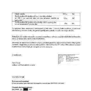 Tabulka cen: Odtah vozidla 3800,- Kč; Služby parkoviště (parkovné) za 1. den (den odtahu) až 180. i jen započatý den ode dne přitažení vozidla na parkoviště 50…