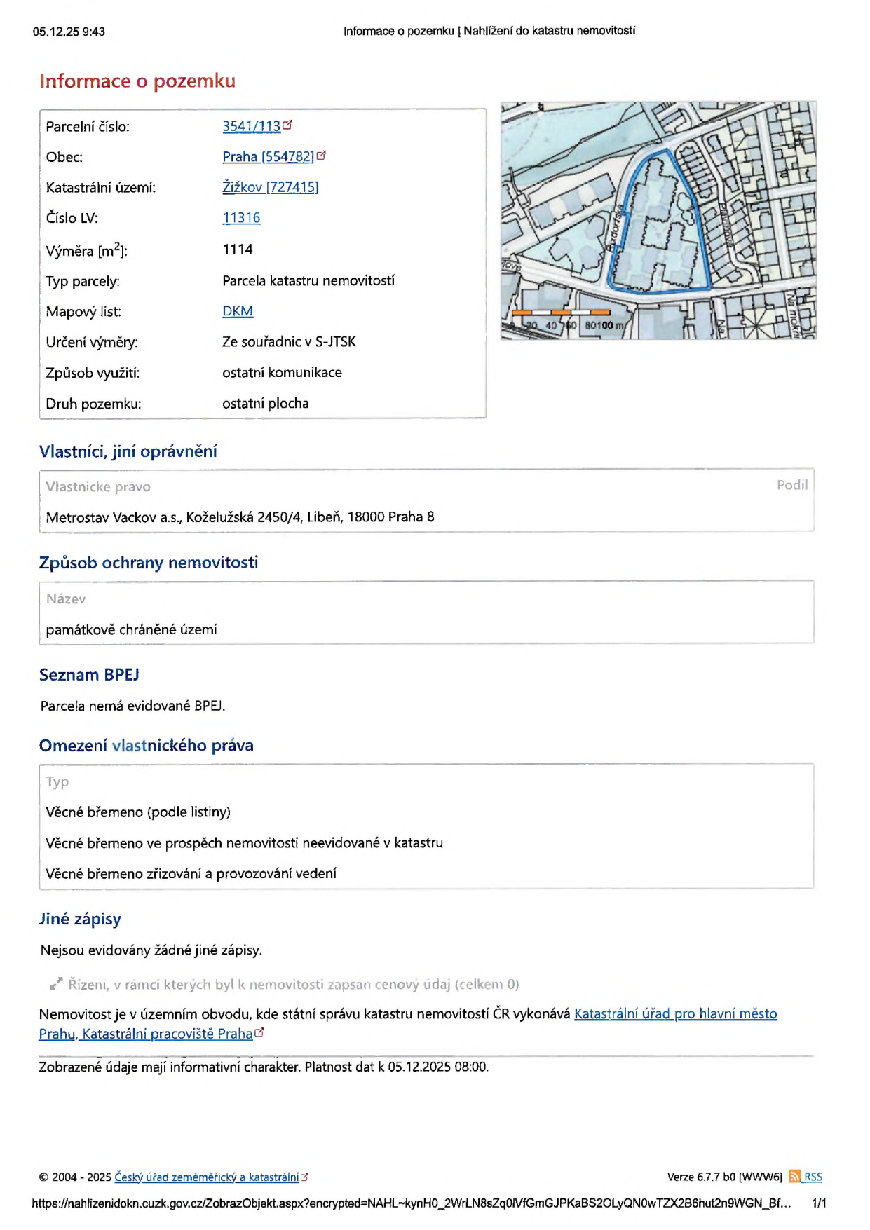 Výpis informací o pozemku z katastru nemovitostí včetně katastrální mapy parcely č. 3541/113 v k.ú. Žižkov.