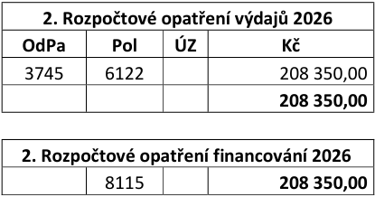 Rozpočtové opatření pro rok 2026. Tabulka 1: '2. Rozpočtové opatření výdajů 2026', sloupce OdPa (3745), Pol (6122), ÚZ, Kč (208 350,00). Celkem výdaje: 208 350,00 Kč. Tabulka 2: '2. Rozpočtové opatření financování 2026', sloupec Pol (8115), částka 208 350,00 Kč.