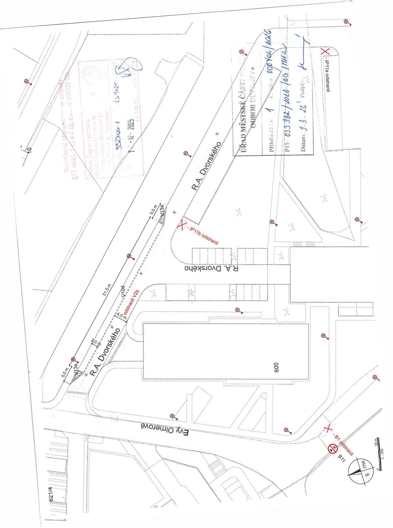 Situační nákres dopravního značení v ulicích R. A. Dvorského a Evy Olmerové.