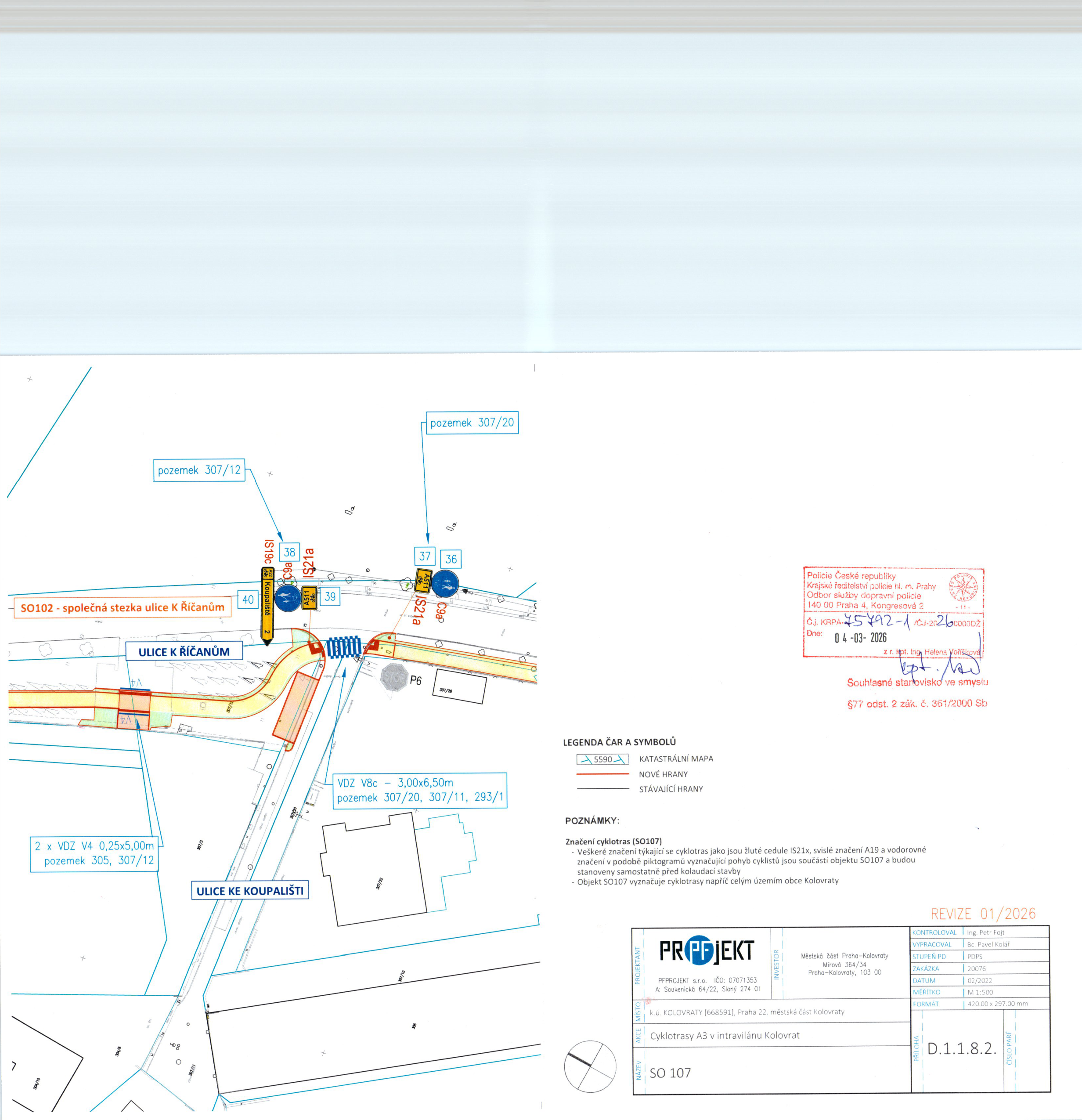 Koordinační situační výkres dopravního značení cyklotrasy v obci Kolovraty.