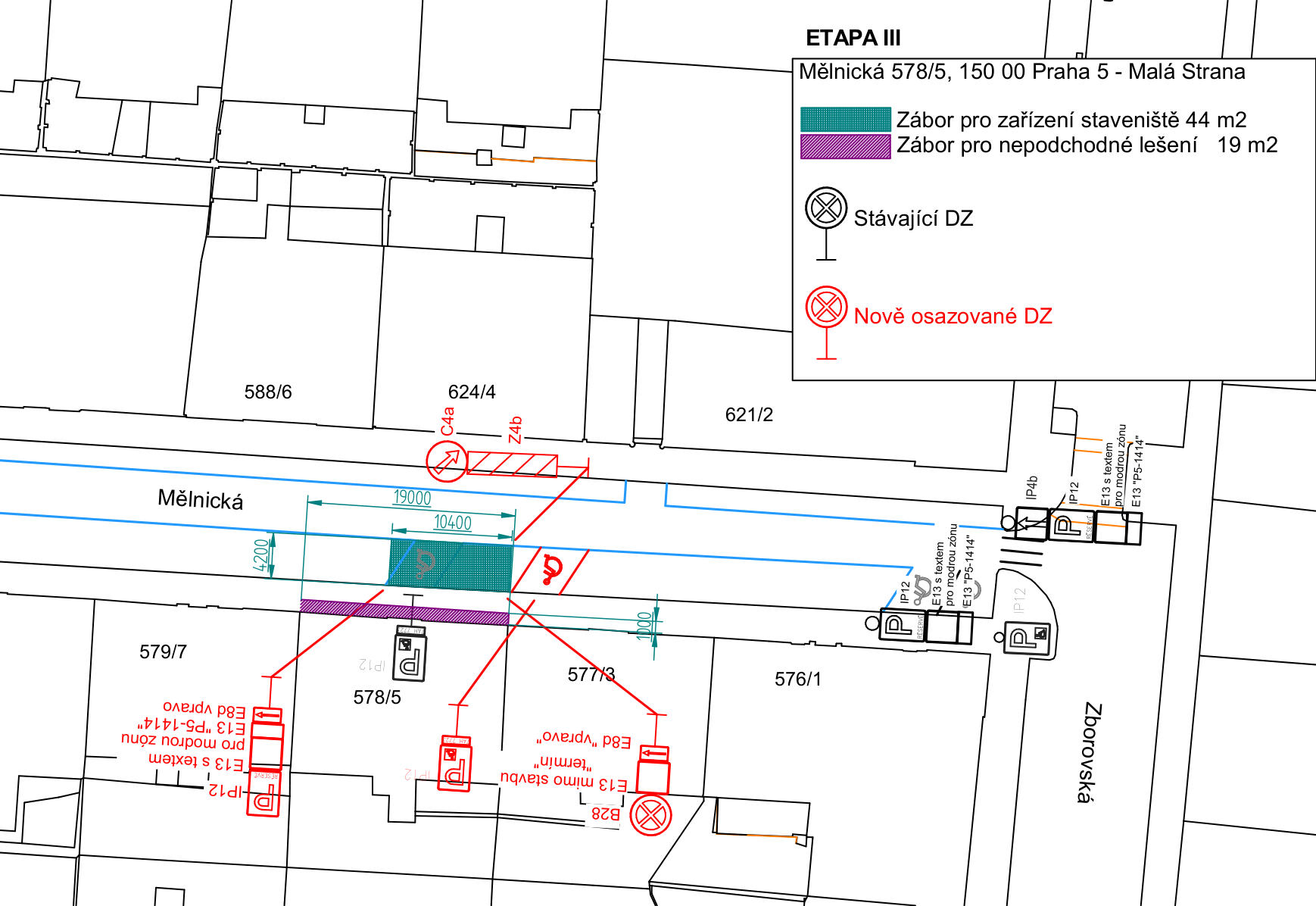 Situační plán záboru veřejného prostranství pro účely stavby na adrese Mělnická 578/5 v Praze.