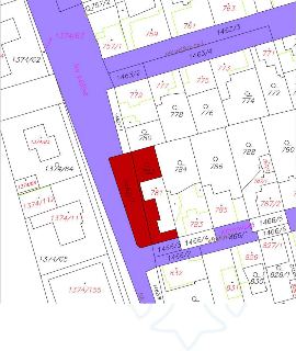 Katastrální mapa ukazující parcely a budovy s vyznačenými čísly parcel (např. 1374/62, 1374/63, 1463/3, 1462/7, 782, 784, 1466/2 atd.), názvy ulic (Prunéřovská…
