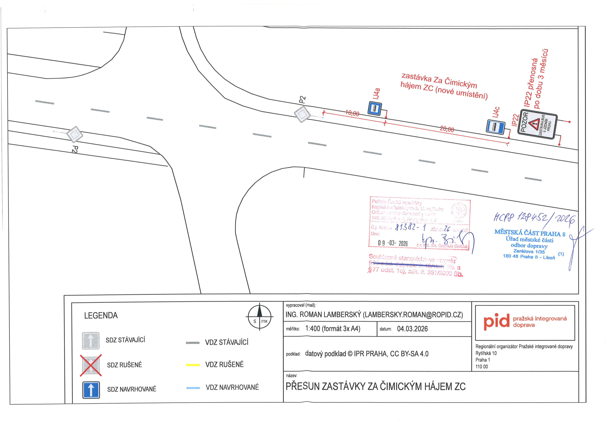 Situační nákres plánovaného přesunu autobusové zastávky Za Čimickým hájem.