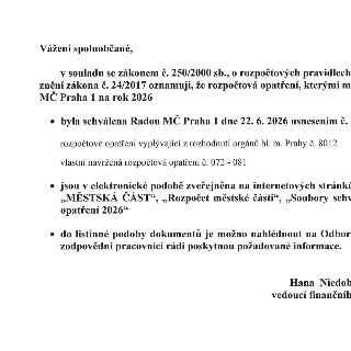 Oznámení pro občany městské části Praha 1 týkající se rozpočtových opatření pro rok 2026. V textu se uvádí: 'Vážení spoluobčané, v souladu se zákonem č. 250/20…