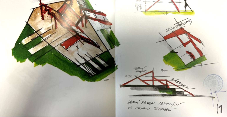 Architektonické skici herního prvku kombinovaného se zábradlím.