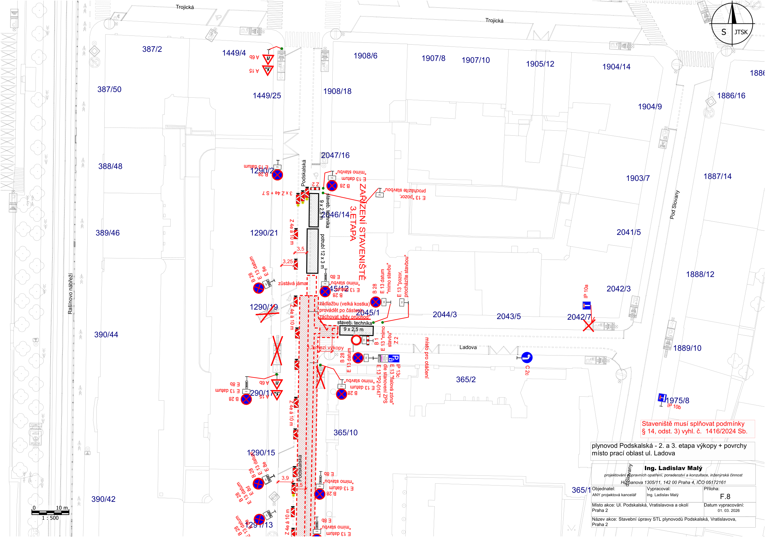 Situační nákres dopravního značení a záboru pro stavbu plynovodu v ulici Podskalská a Ladova.
