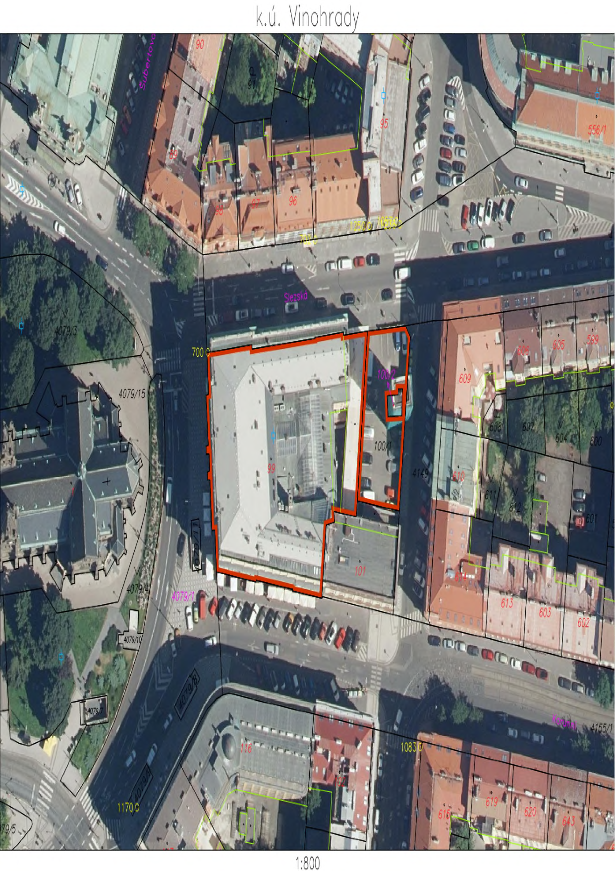 Katastrální mapa území k.ú. Vinohrady. Zobrazeno ortofoto s vyznačenými parcelami a čísly parcel (např. 99, 100/1, 100/2, 101, 4079/3, 4079/15, 609, 613). Červeně je zvýrazněn obrys konkrétní nemovitosti/pozemku. V mapě je patrná ulice Slezská a přilehlá zástavba. Měřítko mapy je 1:800.