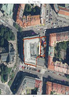 Katastrální mapa území k.ú. Vinohrady. Zobrazeno ortofoto s vyznačenými parcelami a čísly parcel (např. 99, 100/1, 100/2, 101, 4079/3, 4079/15, 609, 613). Červ…