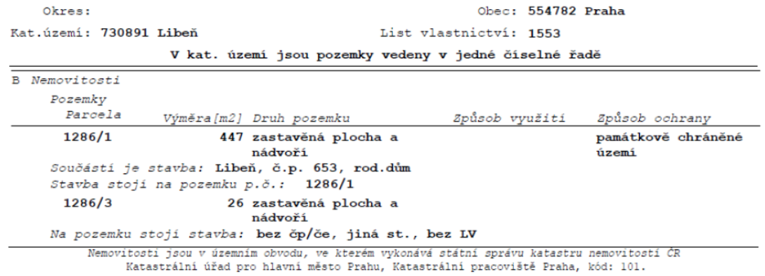 Výpis z katastru nemovitostí, List vlastnictví: 1553, Okres: Praha, Katastrální území: 730891 Libeň. V katastrálním území jsou pozemky vedeny v jedné číselné řadě. Část B Nemovitosti: 1) Parcela 1286/1, výměra 447 m2, druh pozemku: zastavěná plocha a nádvoří, způsob ochrany: památkově chráněné území. Součástí je stavba: Libeň, č.p. 653, rod. dům, stavba stojí na pozemku p.č. 1286/1. 2) Parcela 1286/3, výměra 26 m2, druh pozemku: zastavěná plocha a nádvoří. Na pozemku stojí stavba: bez čp/če, jiná st., bez LV. Nemovitosti jsou v územním obvodu, ve kterém vykonává státní správu katastru nemovitostí ČR Katastrální úřad pro hlavní město Prahu, Katastrální pracoviště Praha, kód: 101.