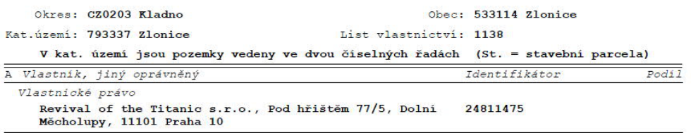 Výpis z katastru nemovitostí, List vlastnictví: 1138, Okres: CZ0203 Kladno, Obec: 533114 Zlonice, Katastrální území: 793337 Zlonice. V katastrálním území jsou pozemky vedeny ve dvou číselných řadách (St. = stavební parcela). Část A Vlastník, jiný oprávněný: Vlastnické právo, Revival of the Titanic s.r.o., Pod hřištěm 77/5, Dolní Měcholupy, 11101 Praha 10, Identifikátor: 24811475.