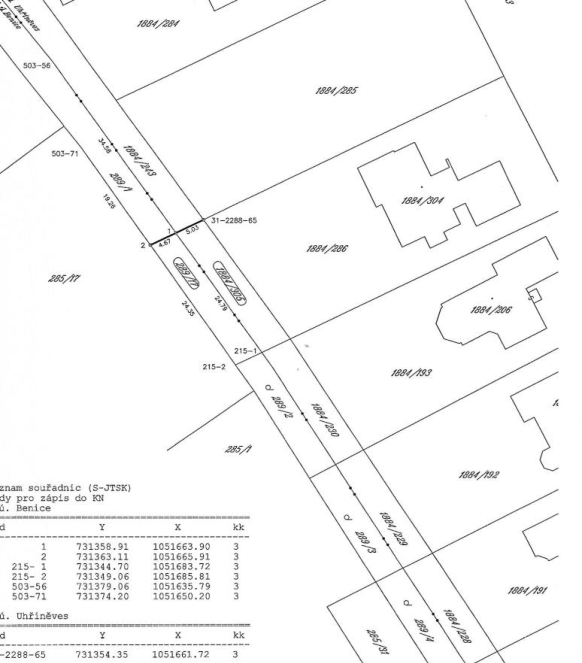 Výřez katastrální mapy s vyznačenými parcelami a seznamem souřadnic bodů.