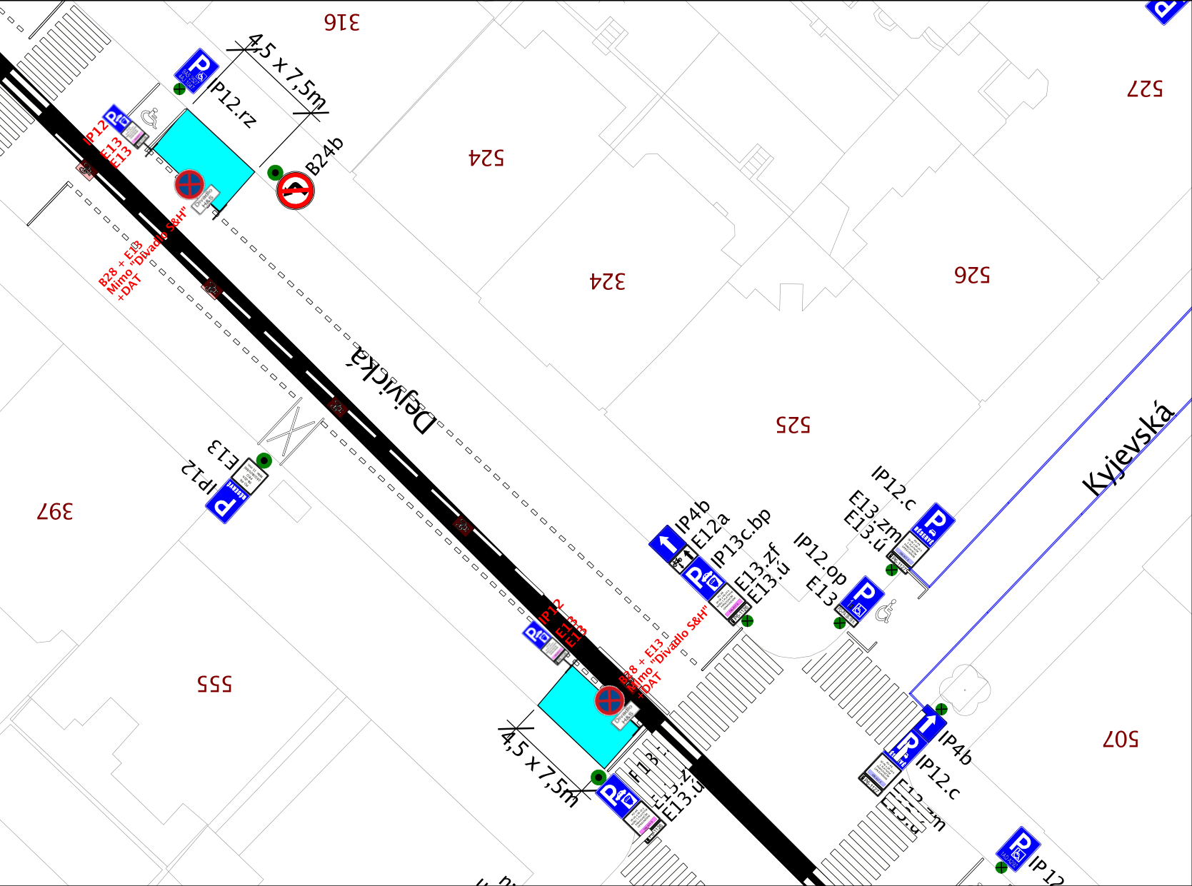 Situační nákres dopravního značení v ulicích Dejvická a Kyjevská. Mapa obsahuje vyznačené parkovací zóny (IP12, IP12.c, IP13.c.bp) s dodatkovými tabulkami (E13, E13.u, E13.zf, E13.zm, E13.op, E12a), zákazy vjezdu (B24b) a zákazy zastavení (B28) s dodatkovými tabulkami 'Mimo Divadlo S&H + DAT'. Jsou zde uvedeny rozměry parkovacích stání (4,5 x 7,5 m) a čísla orientační/katastrální (316, 324, 397, 507, 524, 525, 526, 527, 555).