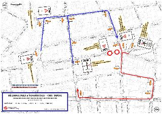 BĚHRADSKÁ x ŠAFAŘÍKOVA – OBJ. TRASA. Dopravní značení související s objízdnou trasou při opravě tramvajové trati (oprava vyhřívání výměn). TERMÍN PRACÍ: 28. 10…