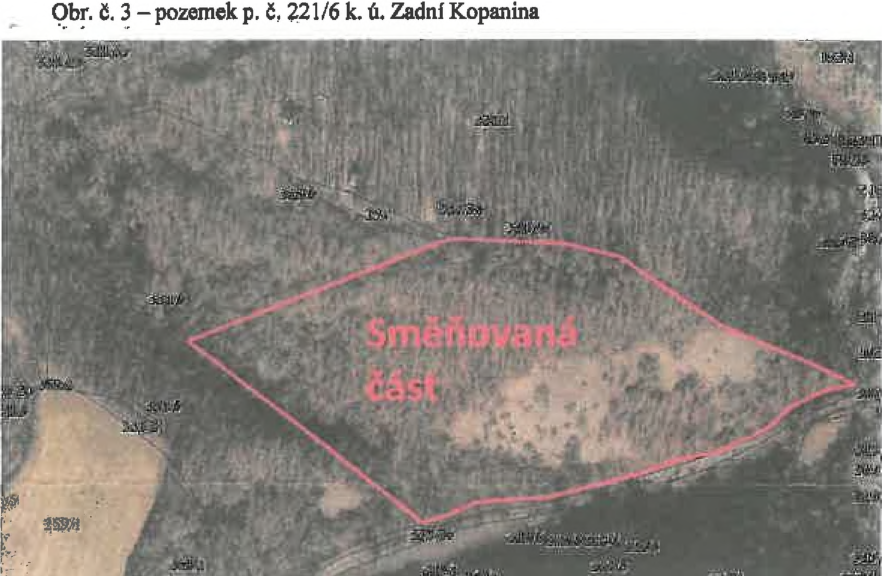 Ortofoto snímek části pozemku p. č. 221/6 v k. ú. Zadní Kopanina se zvýrazněnou směňovanou oblastí.