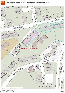 Mapa znázorňující části pozemku parc. č. 2381 v katastrálním území Kobylisy. V mapě jsou vyznačeny ulice (Mirovická, Bergerova, Balabánova, Třeboradická, Palás…
