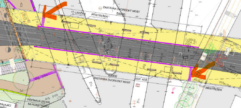Situační nákres plánované stavby zastávky Dvorecký most.